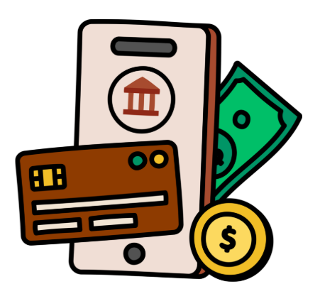 Illustration of a smartphone with a bank icon on the screen, a credit card in front, cash behind it, and a gold coin with a dollar sign&mdash;representing banking, credit, and payments.